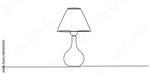 Continuous one line drawing of a stylish lamp. Minimalist linear silhouette of table or floor lamp. Elegant modern design. Hand-drawn vector illustration. Editable stroke.