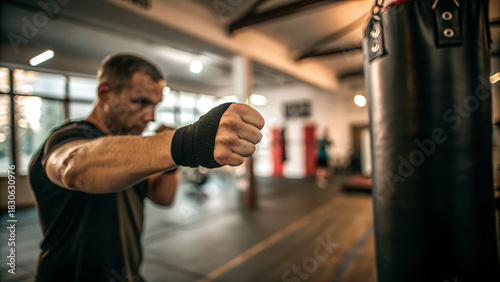 Male boxer preparing for training, with hand wrapped in black tape, focused on punching bag in a well-lit gym, showcasing dedication to fitness and martial arts