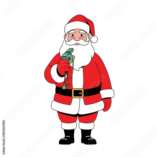 Festive Santa Claus holding a colorful bird-shaped whistle in his hand, wishing everyone a Merry Christmas and happy holidays