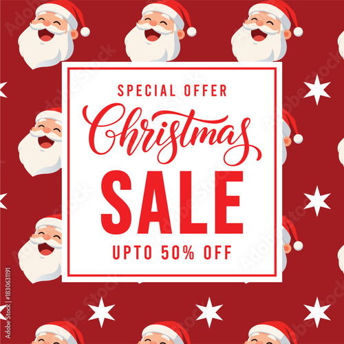 Festive Christmas sale banner with cheerful cartoon Santa faces on a bright red background and bold typography promoting special offer discount, perfect for holiday marketing, social media ads and ret