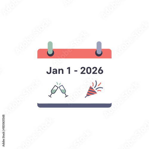 Calendar event marking January 1st to 2026 with celebratory elements
