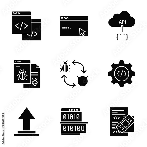 Software development and debugging icons in a grid coding programming