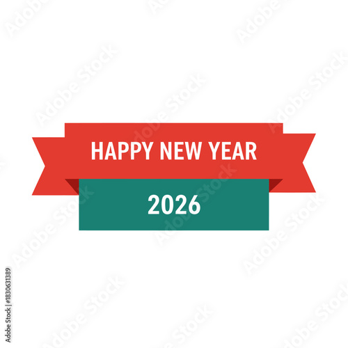 Happy New Year 2026 celebration banner with red ribbon and teal green background