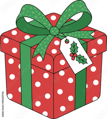 A festive red gift box with white polka dots, tied with a sparkling green ribbon and bow, featuring a hanging tag decorated with holly berries.