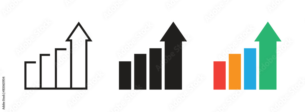Obraz premium Growth icon set. Graph, chart, diagram, arrow up symbol. Business, success, economy concept. Colorful, black color. Vector illustration. Editable stroke. Flat design. Isolated on a white background.