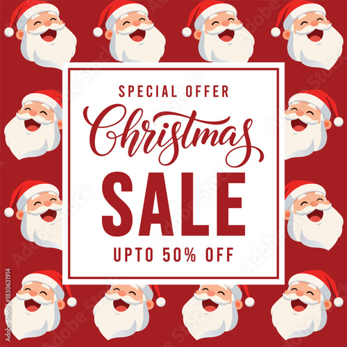 Festive Christmas sale banner with cheerful cartoon Santa faces on a bright red background and bold typography promoting special offer discount, perfect for holiday marketing, social media ads and ret