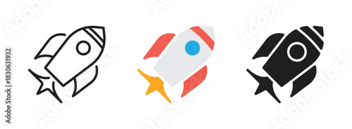 Launch icon set. Rocket, missile sign, symbol. Business, project, start, success concept. Black and colorful. Vector illustration. Editable stroke. Flat design. Isolated on a white background.