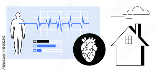 Human figure with ECG graph, heart illustration, analytics charts, and a house symbolizing remote health care. Ideal for telemedicine, cardiology, health analytics, wearable technology, home care