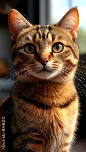Captivating, short-haired tabby cat portrait with bright golden eyes.