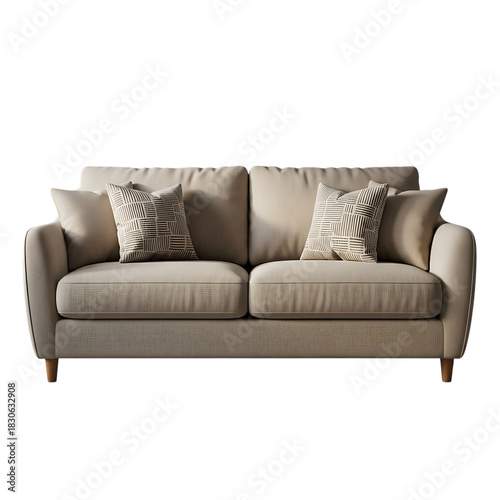 Comfortable beige fabric sofa with two patterned throw pillows and two plain accent pillows couch furniture isolated on a transparent background