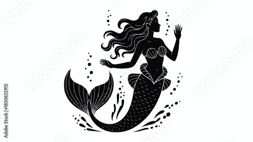 A black and white silhouette illustration of a mermaid in a graceful pose against a white background. 