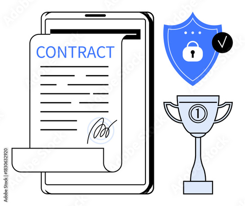 Contract protection. Digital contract, cybersecurity shield, and trophy emphasizing agreement trust. Contract security ensures verified and reliable transactions. Best for digital business, legal