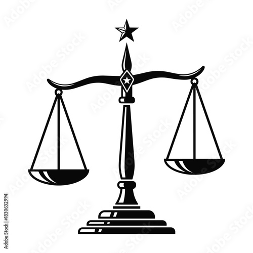 Black Silhouette of Justice Scales with Star on White Background Keywords: justice, scales, law, balance, legal, judgment, court, fairness, equality, symbol, weight, measurement, antique, old