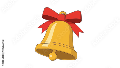 Golden Christmas Bell with a Red Ribbon Bow, Festive Holiday Decoration