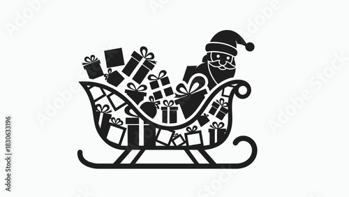 Festive Santa Claus in Sleigh Loaded with Christmas Gifts and Presents, Silhouette Illustration