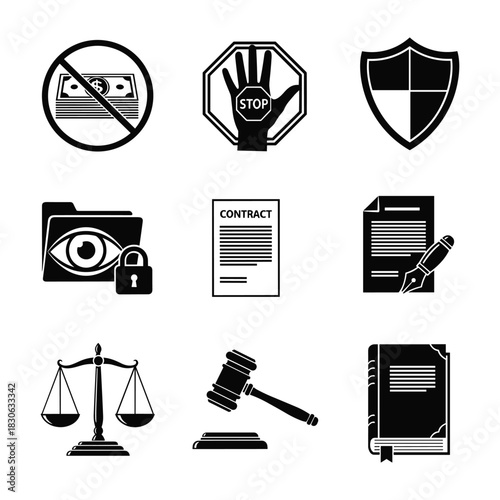 Nine Black Icons Representing Law Justice and Security Concepts Keywords: no money, cash, stop sign, hand, shield, security, folder, eye, lock, contract, document, pen, feather quill, scales of