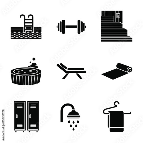 Collection of spa and gym icons with swimming pool dumbbell hot tub and lockers Keywords: swimming pool, ladder, water, waves, dumbbell, weights, exercise, gym, fitness, sauna, steam room, wood
