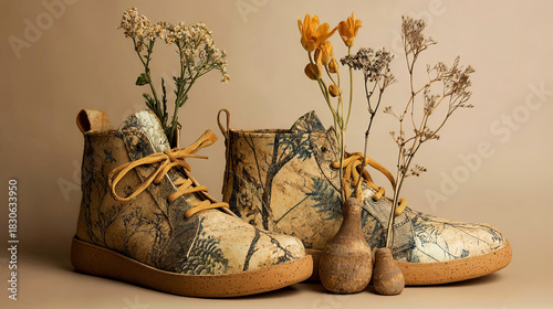 Stylish eco-friendly boots with botanical print, adorned with dried flowers, showcasing sustainable fashion and nature-inspired design in a minimalistic setting