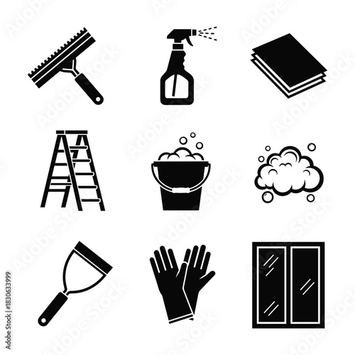 Set of nine black cleaning service icons including squeegee ladder bucket and gloves on white background