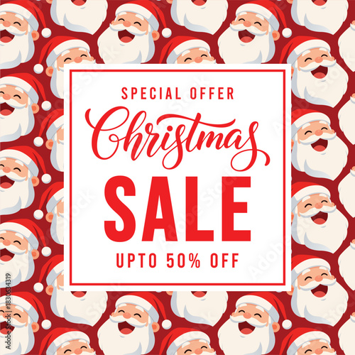 Festive Christmas sale banner with cheerful cartoon Santa faces on a bright red background and bold typography promoting special offer discount, perfect for holiday marketing, social media ads and ret