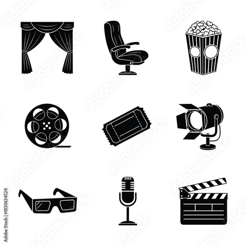 Nine black cinema and entertainment icons on a white background Keywords: theater curtains, cinema seat, popcorn box, film reel, movie ticket, spotlight, 3D glasses, microphone, clapperboard