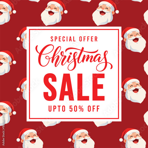 Festive Christmas sale banner with cheerful cartoon Santa faces on a bright red background and bold typography promoting special offer discount, perfect for holiday marketing, social media ads and ret
