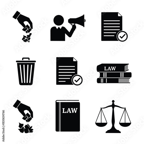 Legal and Justice Icons with Trash, Megaphone, Documents, Law Books, and Scales of Justice trash can