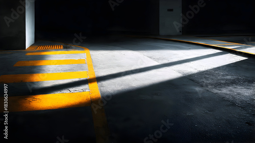 A minimal parking lane where lamp shadows and glowing patches combine to form abstract geometric negative space shapes