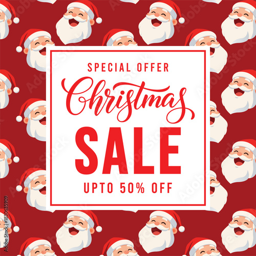 Festive Christmas sale banner with cheerful cartoon Santa faces on a bright red background and bold typography promoting special offer discount, perfect for holiday marketing, social media ads and ret