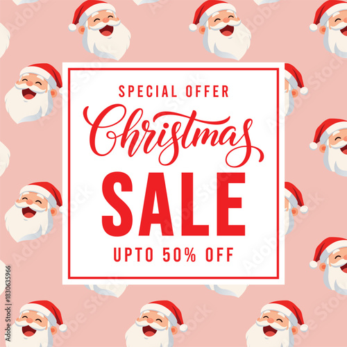 Festive Christmas sale banner with cheerful cartoon Santa faces on a soft pink background and bold red typography promoting special offer discount, ideal for holiday marketing, social media ads and re