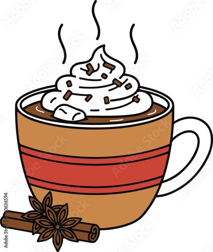 A steaming cup of hot chocolate topped with whipped cream and sprinkles in a striped mug, garnished with a cinnamon stick and star anise.