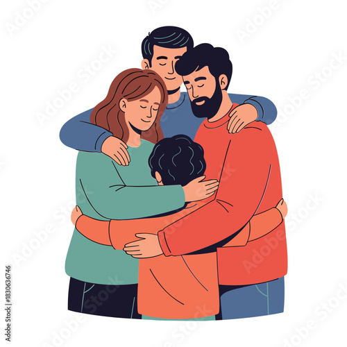 Family of four embracing tightly with closed eyes on white background Keywords: family, hug, embrace, love, connection, togetherness, parents, child, son, mother, father, comfort, support, unity