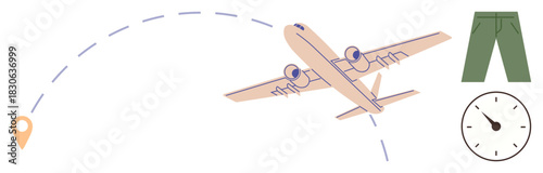 Airplane moving along dashed path toward destination pin, alongside clock and trousers, evoking travel, time management, planning, tourism, logistics, efficiency, and vacation in a simple flat