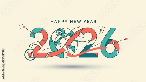 2026 Happy New Year with globe and abstract lines celebration