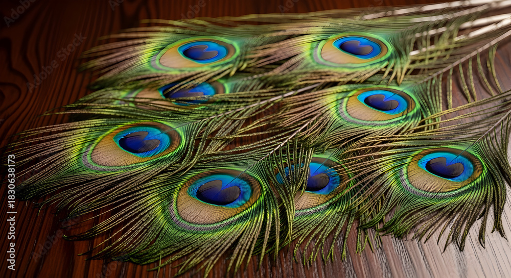Fototapeta premium Scattered Peacock Ocellus Feathers on Rich Brown Wooden Table Background