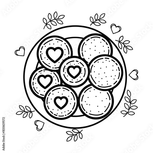 Plate of Round Cookies With Heart and Dot Patterns Decorated With Leaves and Hearts biscuits circular