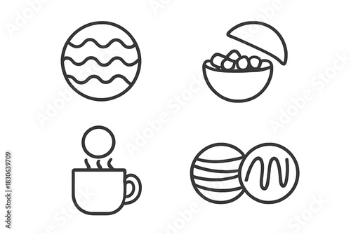 Simple outline graphics of sweet treats, hot drinks, and confectionery desserts