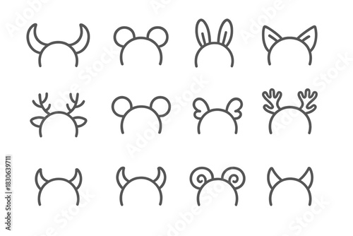 Various animal ear and horn headbands in minimalist line art style