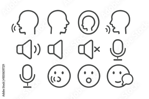 Outline symbols for sound, volume control, speaking, listening, and digital chat