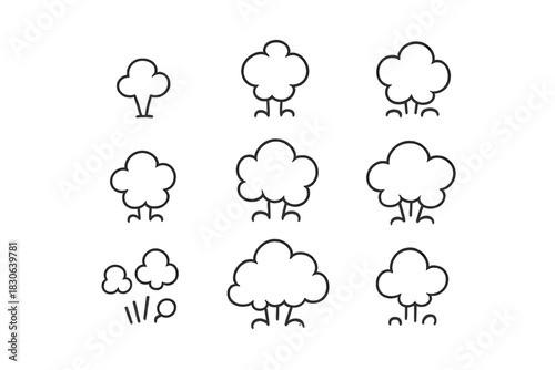 Thin line style icons depicting steam, smoke, vapor, and explosion clouds