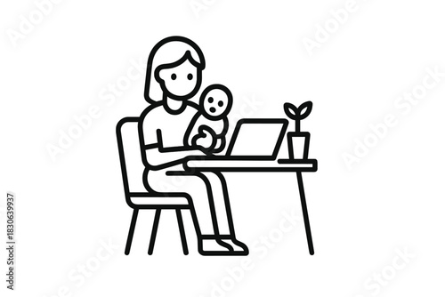 Working mother holding infant baby while typing on a laptop at a home desk