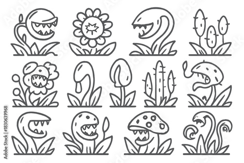 Creepy fantasy carnivorous plants and monster fungi icons in simple outline style
