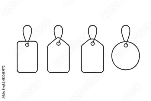 Blank outline price tags and labels with string loops for retail promotion and sale information