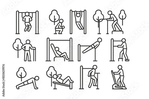 People exercising on outdoor gym equipment in a public park setting