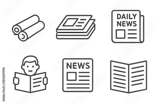 Line icons of rolled, stacked, and open newspapers with a person reading news media