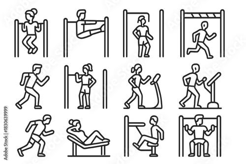 Outline icons set showing people performing various fitness and gym workout activities including running and weight training
