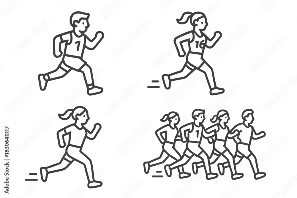 Naklejka premium Collection of outline icons showing male and female athletes running, jogging, and participating in a race