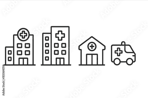 Healthcare facility and emergency transport set including hospital buildings and ambulance service
