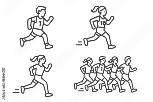 Collection of outline icons showing male and female athletes running, jogging, and participating in a race