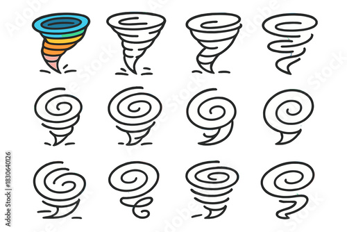 Twelve swirling tornado and weather whirlwind symbols set in doodle style
